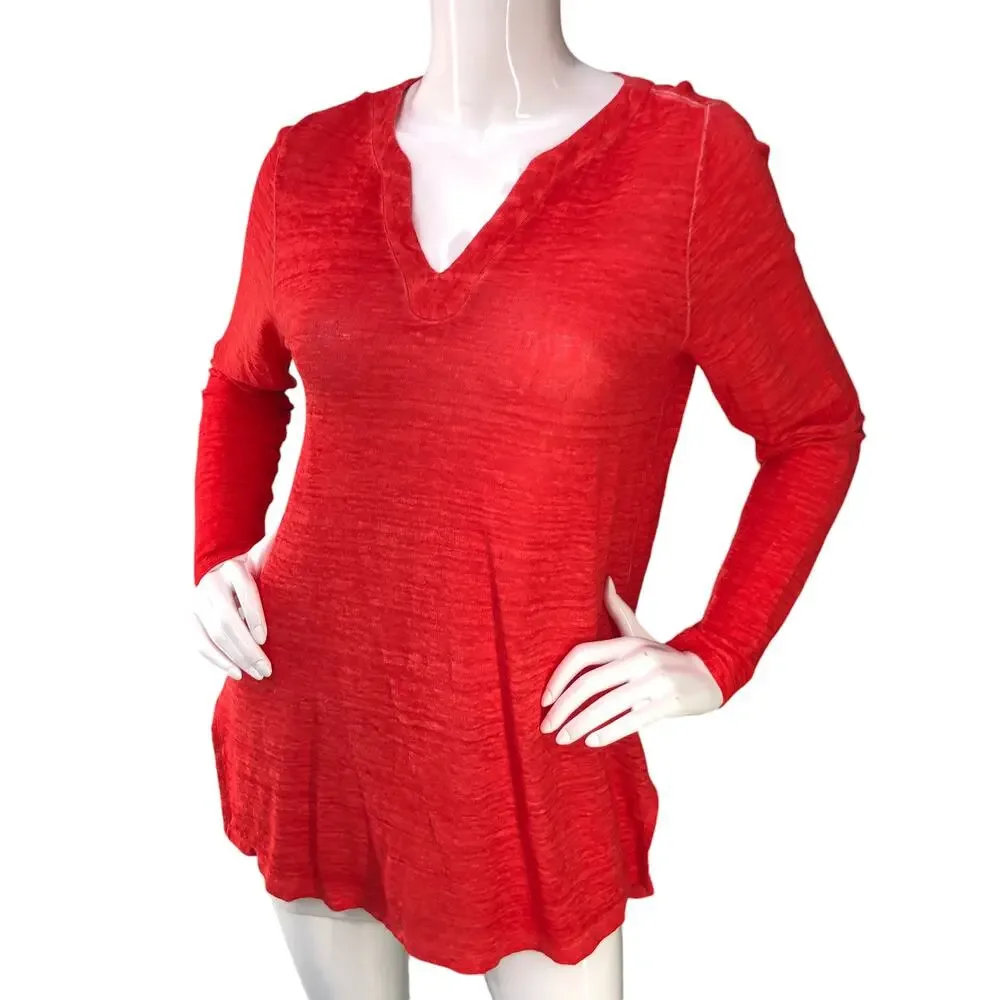 Chicos Womens Size 0 US S Linen Slplit Neck Tunic Top Soft Knit Garment Dyed Red